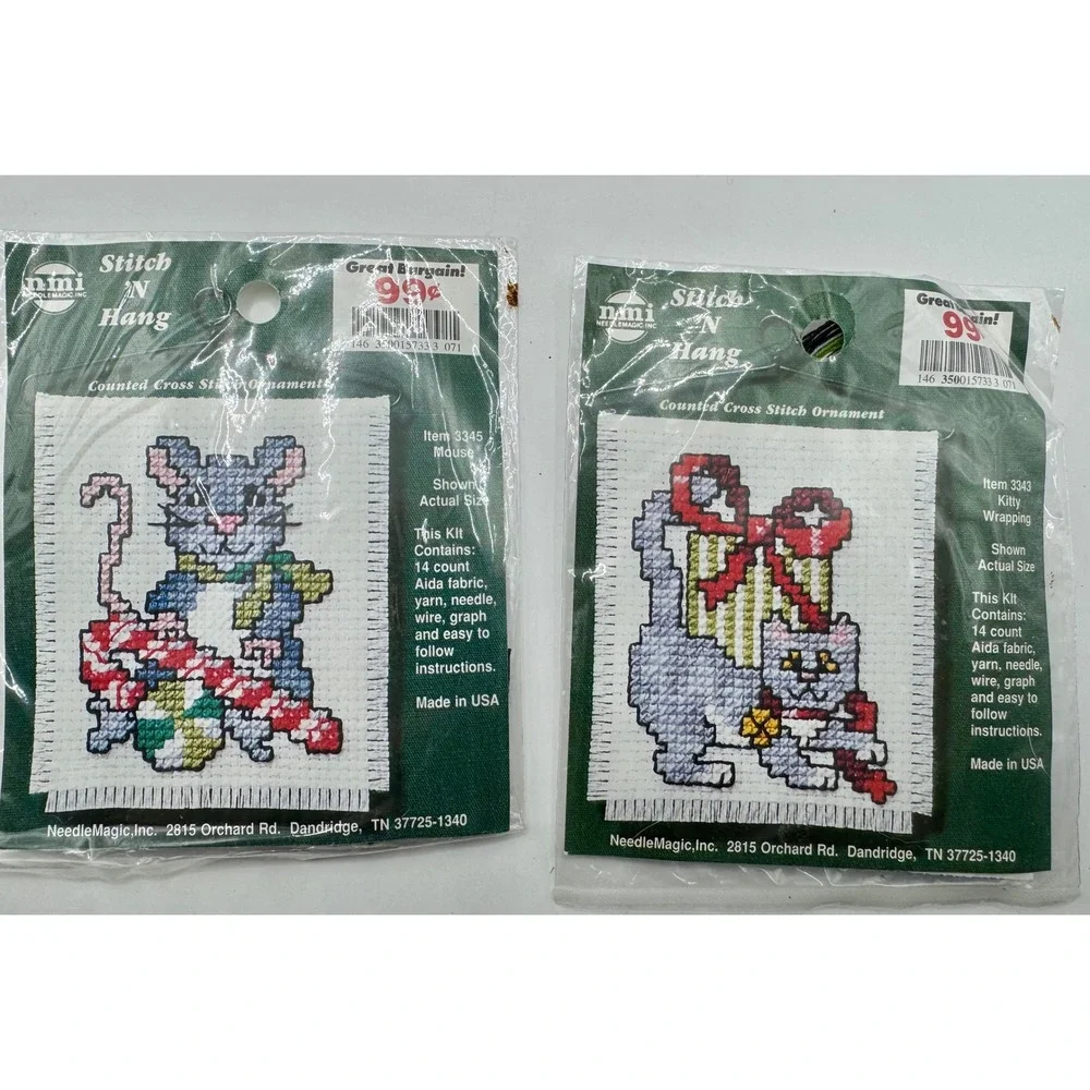 NeedleMagic Stitch N Hang Cross Stitch Ornament Kit 2pk Mouse Kitty 3345 3343